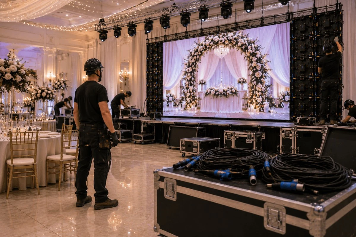Technical crew completing an LED wall installation at a wedding venue